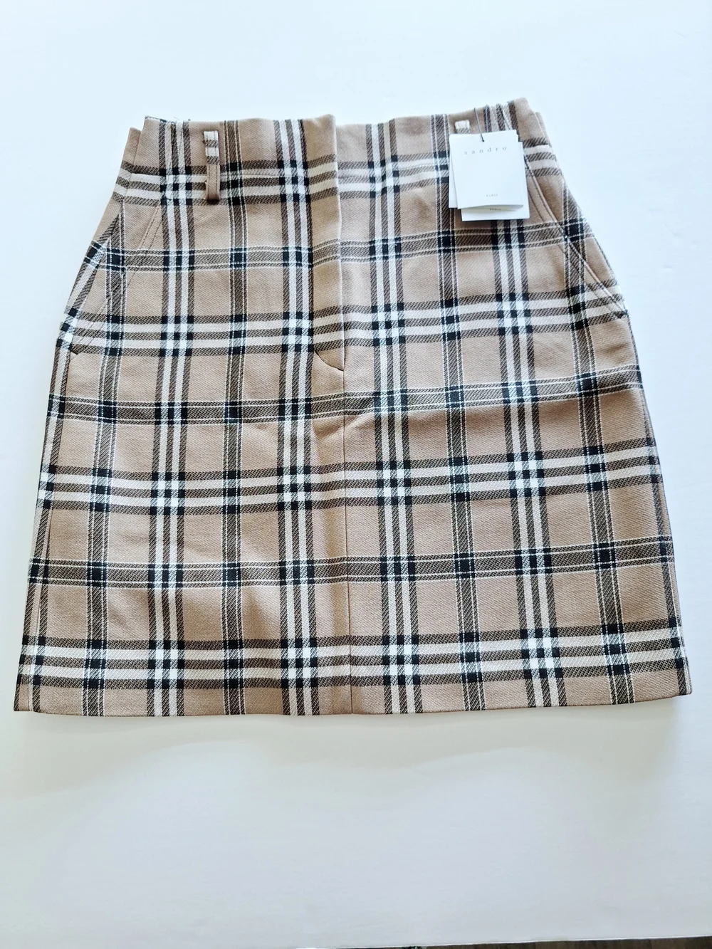 ❤️Sandro NWT! Camel Sunset Wool Blend tartan/plaid mini skirt 🤍Size 2